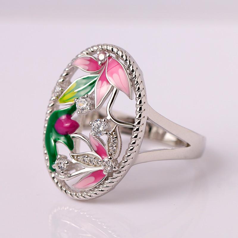 Flower Elegant Color Enamel Silver Jewelry Sets For Women Beautiful Wedding Pendant Necklace Ring Earrings
