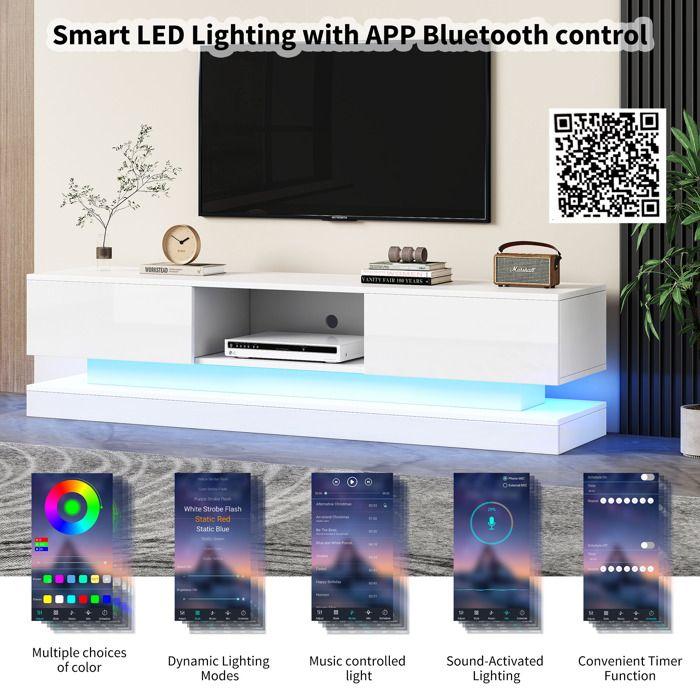 Meuble TV avec LED 160cm - 2 tiroirs et 1 compartiment ouvert - adapté pour TV 60" - Blanc