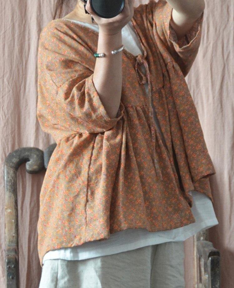 Johnature Женские рубашки в китайском стиле с поясом и коротким рукавом, летние блузки с цветочным принтом, хлопковая льняная одежда, рубашки