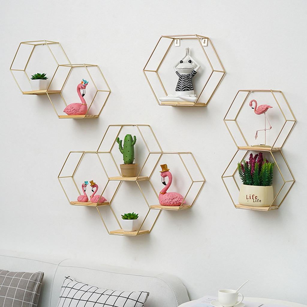 Настенная плавающая шестиугольная полка в скандинавском стиле, держатель для хранения в металлическом железной раме, стеллаж для хранения с деревянной доской, подставка с геометрической рамкой, домашний декор VER