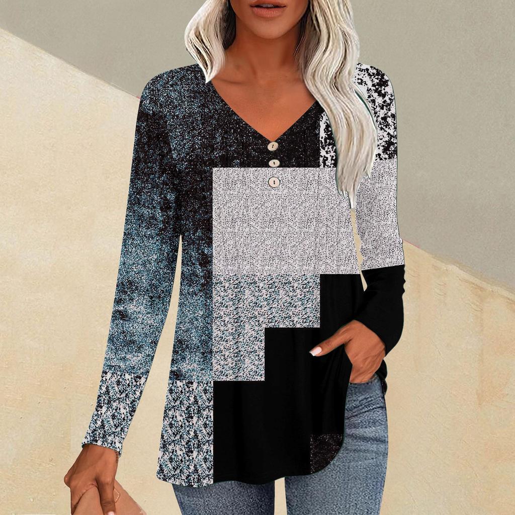 Fashion Tops Casual Pleated V-Neck Carpet Checkered Print Long Sleeve T-Shirt