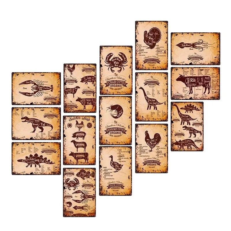 Butcher Shop Vintage Metal Sign Kitchen Poster Beef Pig Duck Meat Cuts Collection Guide Retro Wall Plaque Painting Craft 20x30cm