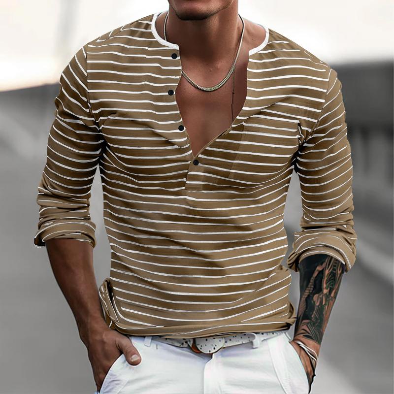 Spring Autumn Fashion Long Sleeve Men's T-shirts Button Henry Collar T Shirt For Men Vintage Striped Tees Tops