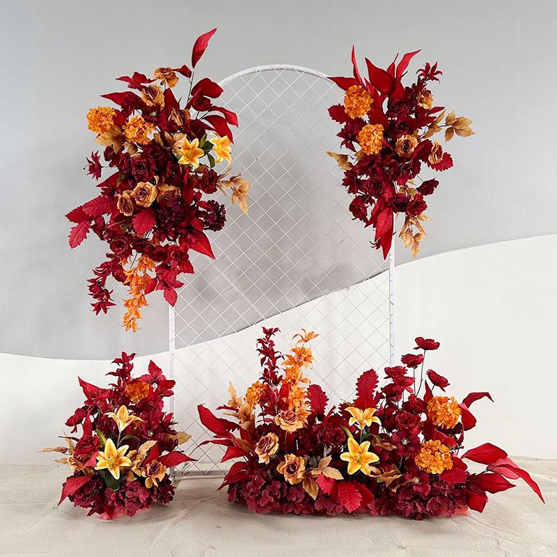 Red Floral Wedding Stage Backdrop with Artificial Flower Rows