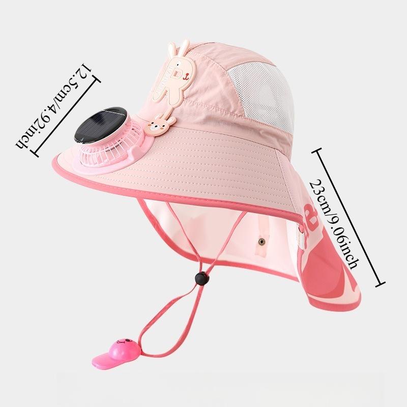 Kids Letter Solar Fan Sun Hat with Neck Flap Breathable Mesh Wide Brim Outdoor UV Protection Cap for Boys Girls