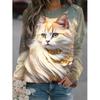 New Cute Cat 3D Printed Women's Fashionable Round Neck Long Sleeved T-shirt