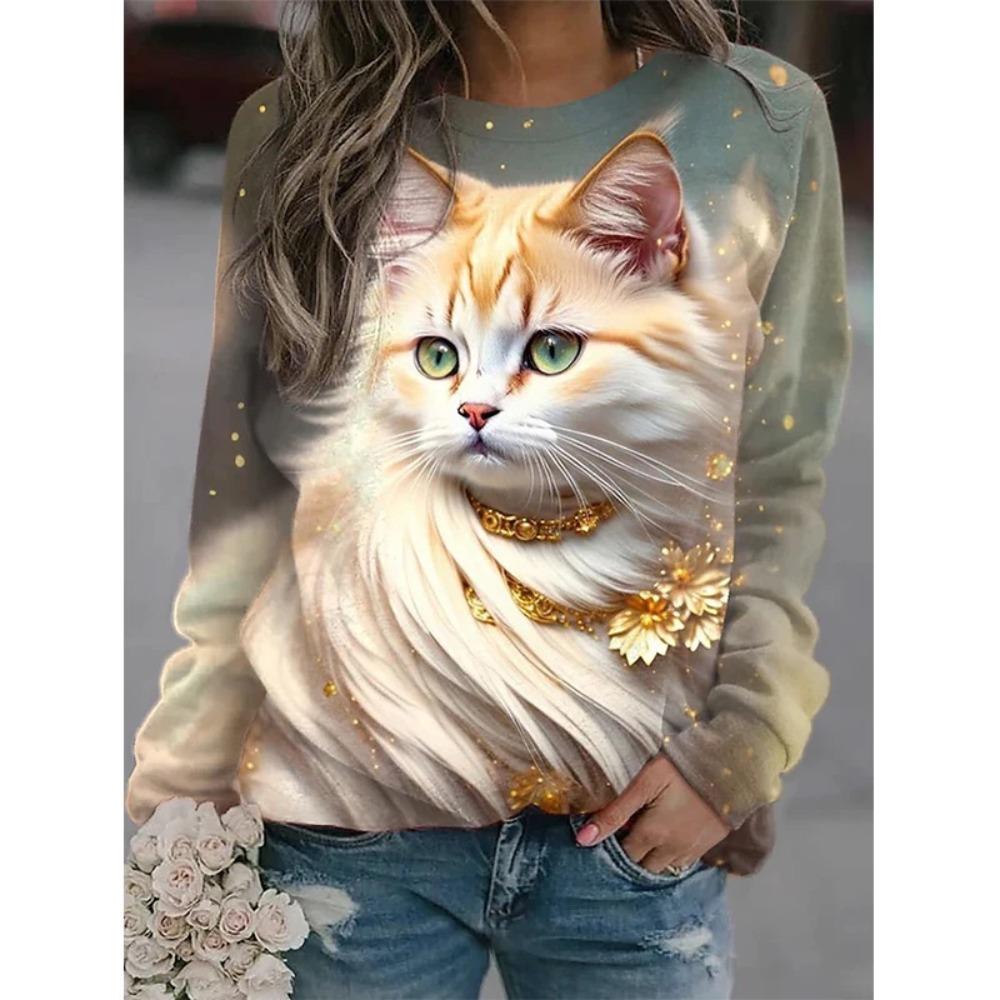 New Cute Cat 3D Printed Women's Fashionable Round Neck Long Sleeved T-shirt
