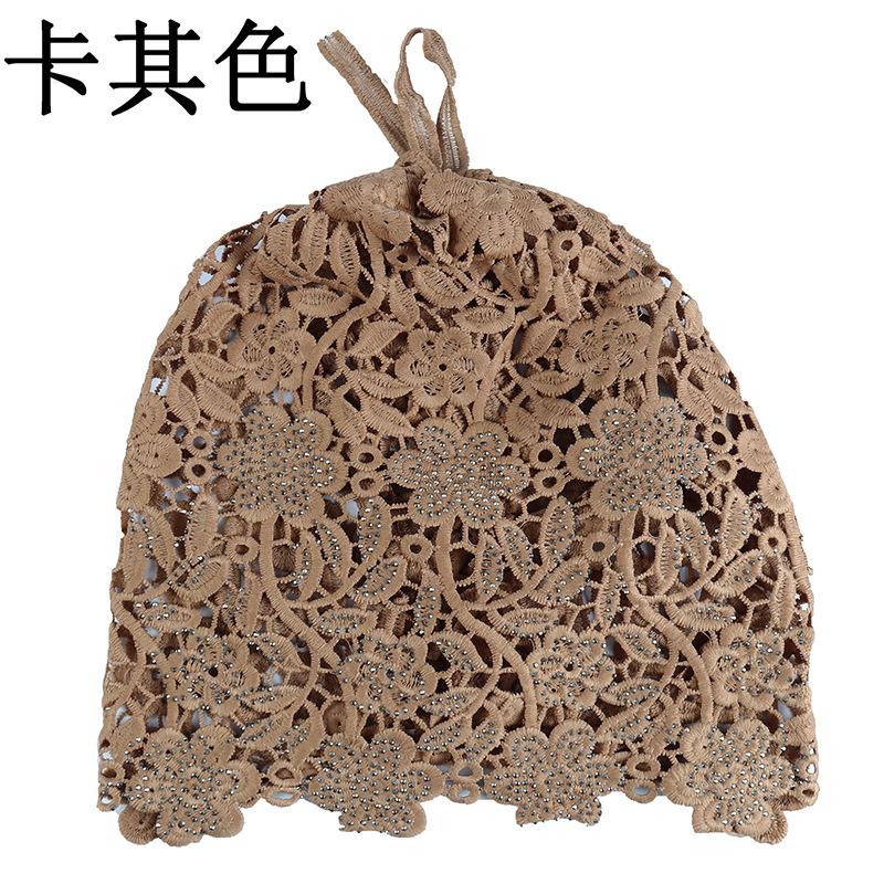 2CPS Women's Ethnic Style Flower Hat Hollow Single-Layer Pull-On Hat Rhinestone Retro Head-Wrapping Dual-Use Headscarf Hat