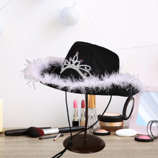 Cowgirl Hat Rhinestone Crown Decor Furry Ripped Edge Windproof Chin Rope Large Brim Sun