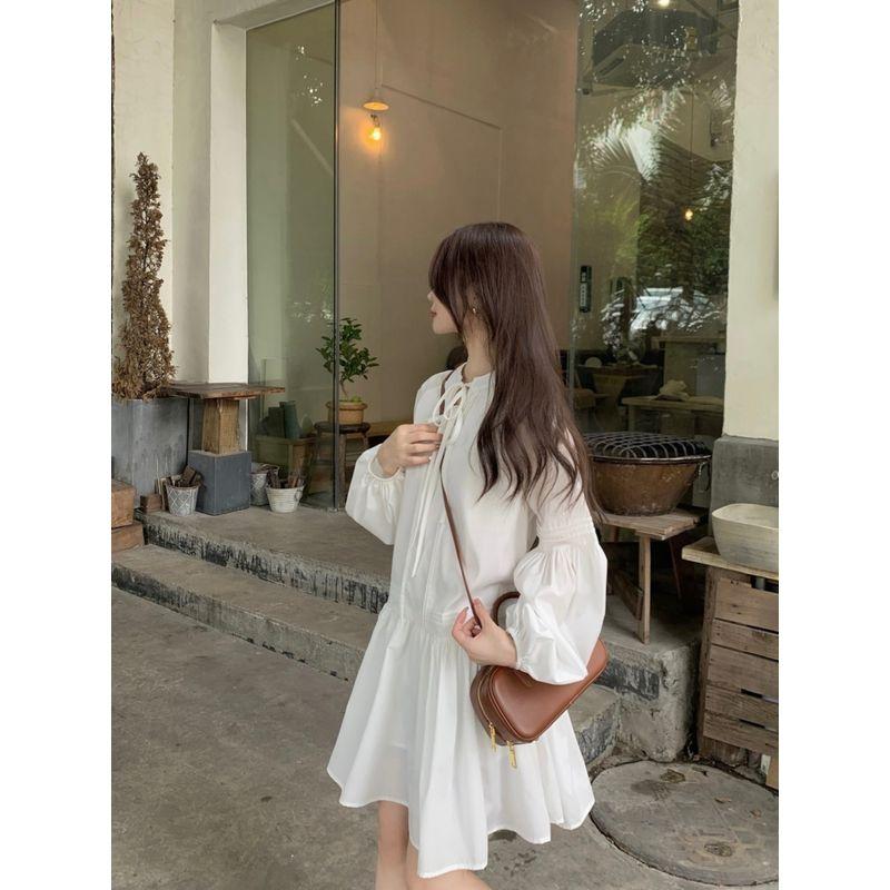 Kumikumi Gentle White Lace-up Lantern Sleeve Dress Women Autumn Chic Youthful-Looking Loose Slim Looking Short Skirt