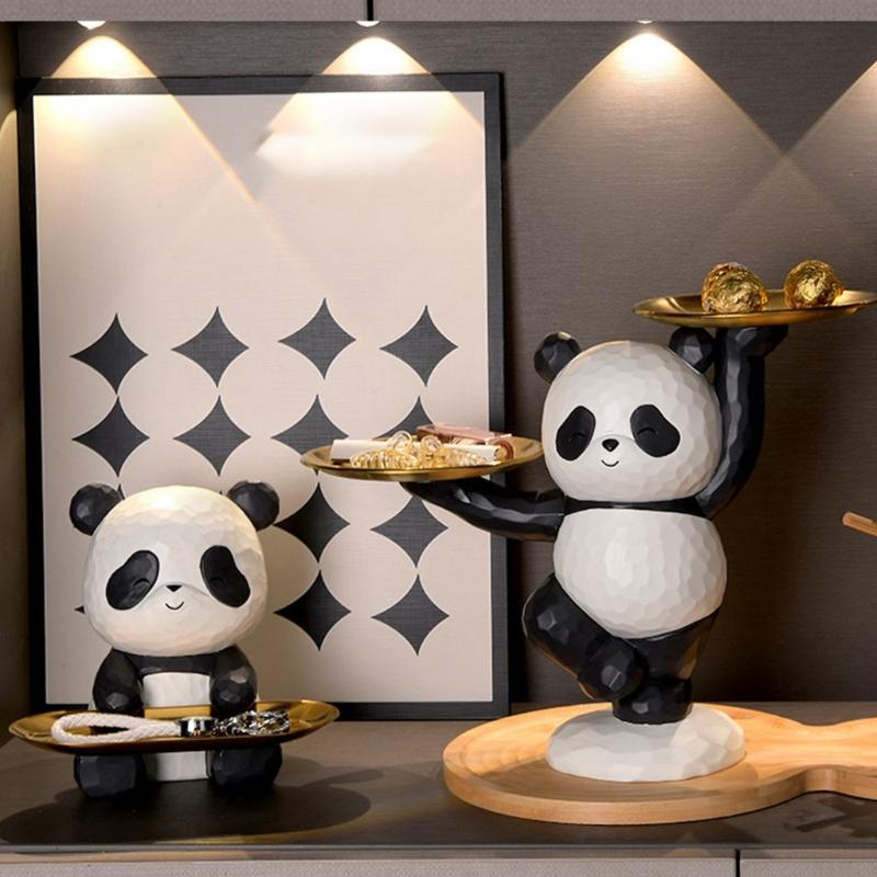 Decorative Panda Resins Statue with Storage Tray for Key and Trinkets Animal Sculpture Entryway Living Room Table Decors