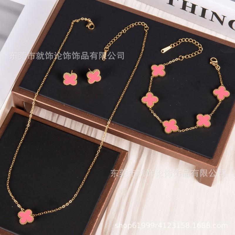 Titanium Steel Lucky Four Leaf Clover Jewelry Set - 18K Gold Plated Necklace Bracelet Earrings Women