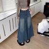 2025 Новая длинная джинсовая юбка А-силуэта с высокой талией для женщин - Ретро-стирка и облегающий крой