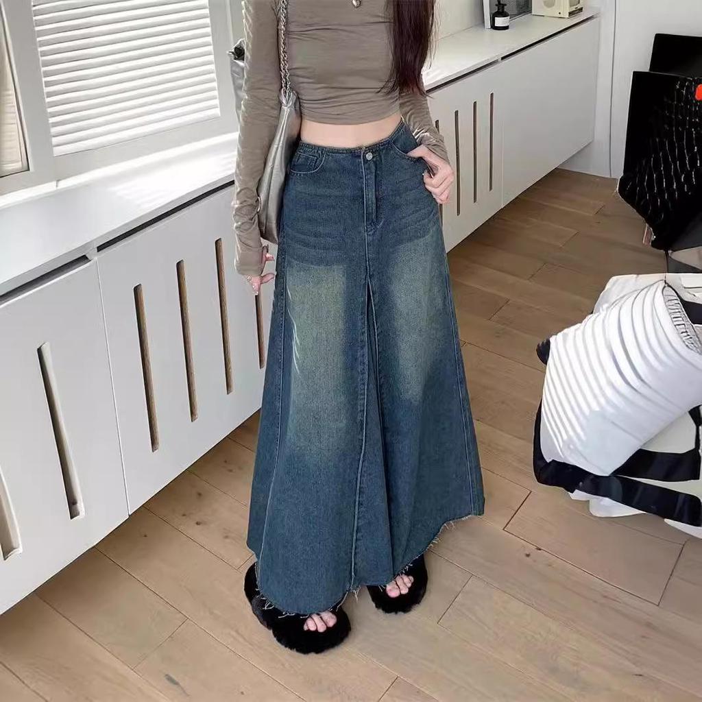 2025 Новая длинная джинсовая юбка А-силуэта с высокой талией для женщин - Ретро-стирка и облегающий крой