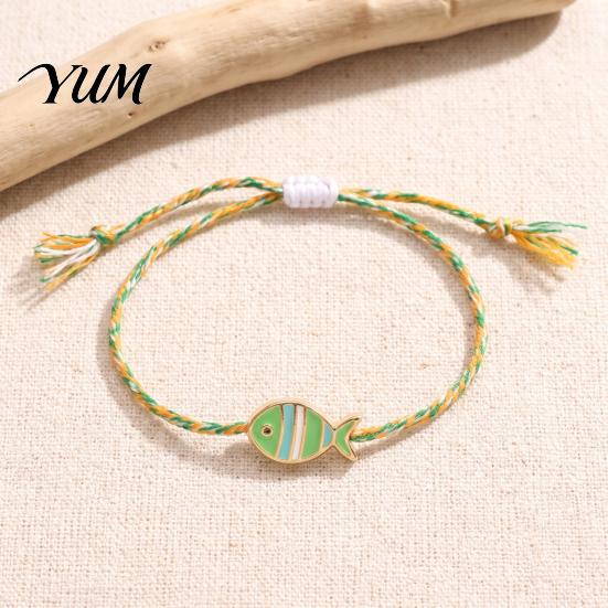 Adjustable Woven Bracelet Colorful Small Fish Handmade Braided Bracelet, Boho Cute Striped Rope String Summer Beach Wristband for Women Men Pendant