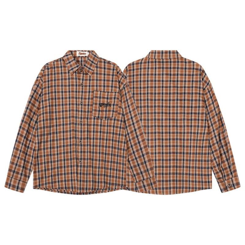 American Vintage Plaid Long Sleeve Shirt Embroidered Pocket Loose Fit Men Women