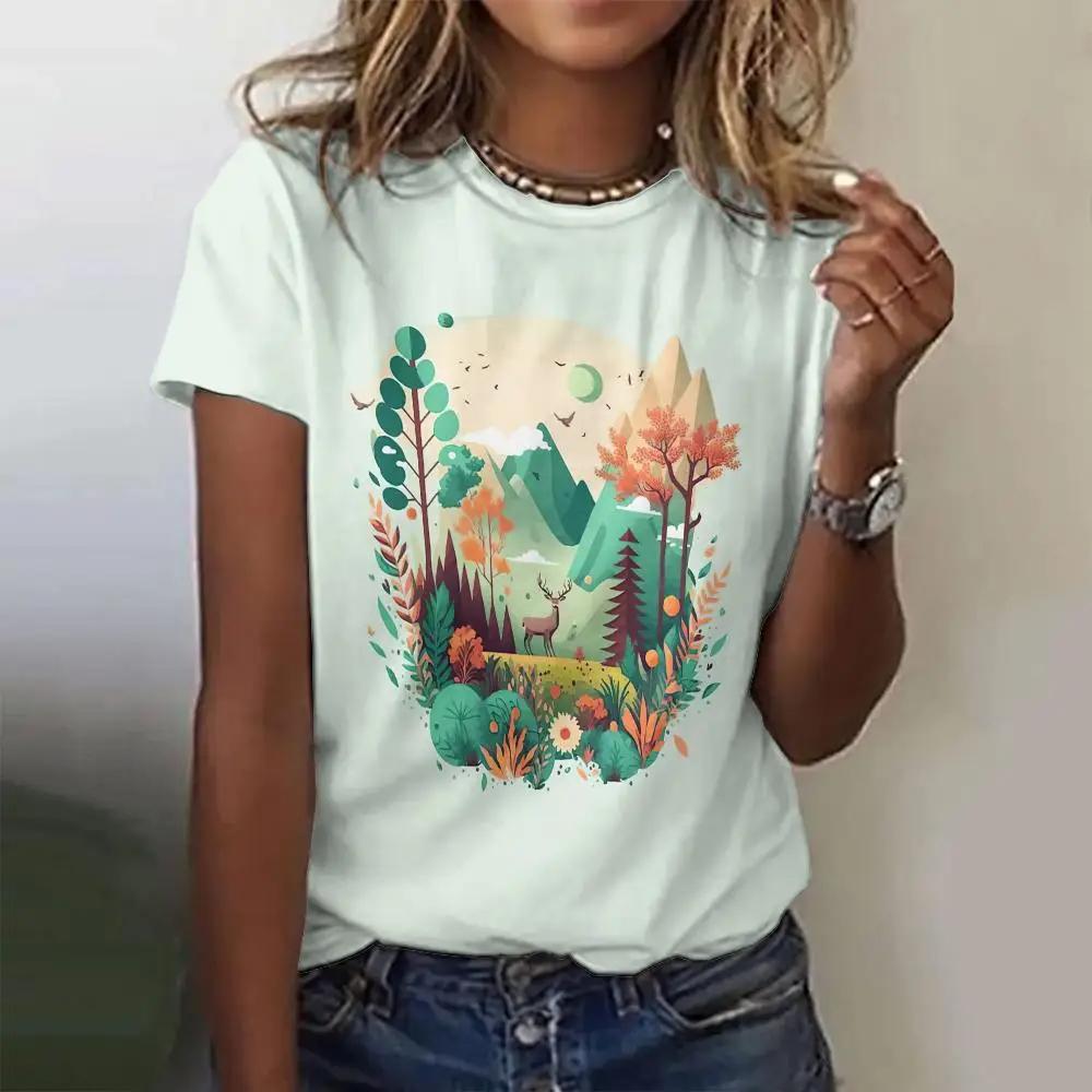 Women's Fashion T-shirt Summer Loose Short Sleeved Fish Pattern Clothing Round Neck Casual Top Trendy Printed Women's T-shirt