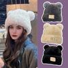 Women Knitted Hat Windproof Warm Solid Color Elastic Winter Hat Bear Ear Decor Cold Weather Plush Hat