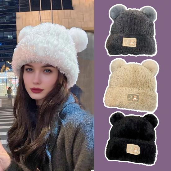 Women Knitted Hat Windproof Warm Solid Color Elastic Winter Hat Bear Ear Decor Cold Weather Plush Hat