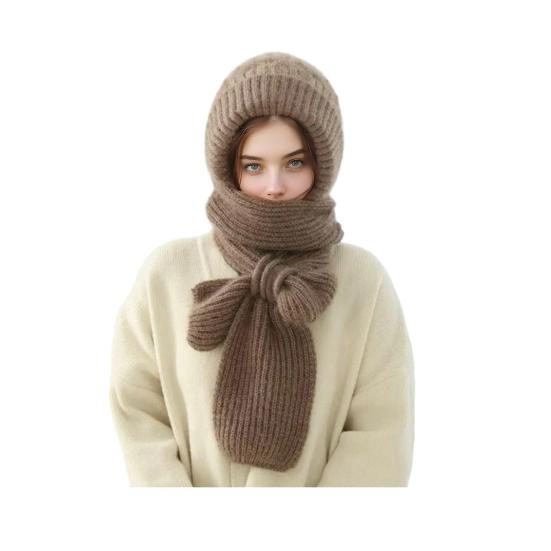 Winter Knit Hat with Integrated Scarf Solid Color Thickened Velvet Women Hat Long Scarf Set Cold Weather Headwear