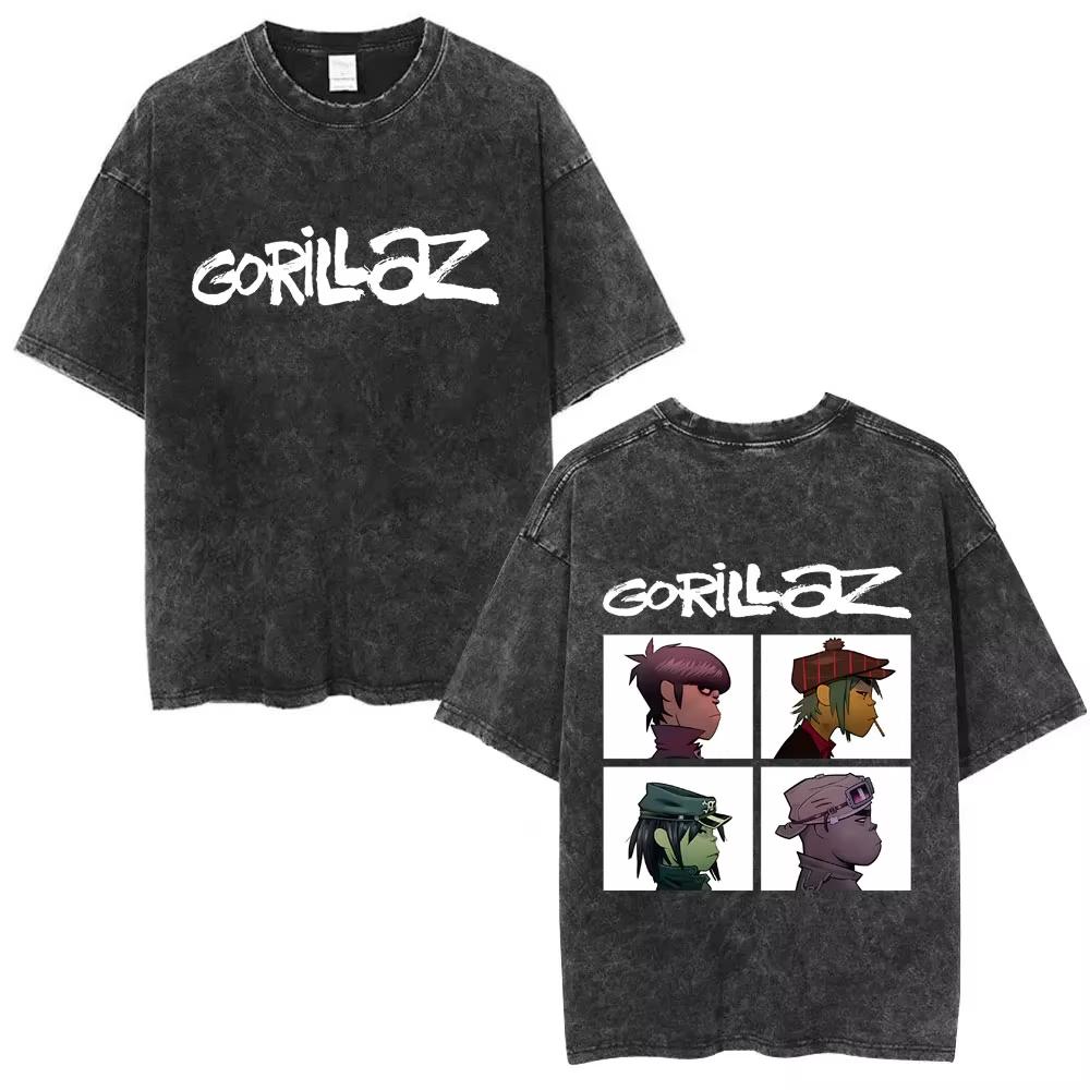 Washed Vintage Rock Band Gorillaz Album Graphic T-shirt Men's Women Hip Hop Fashion Oversized T Shirts Male Cotton Streetwear