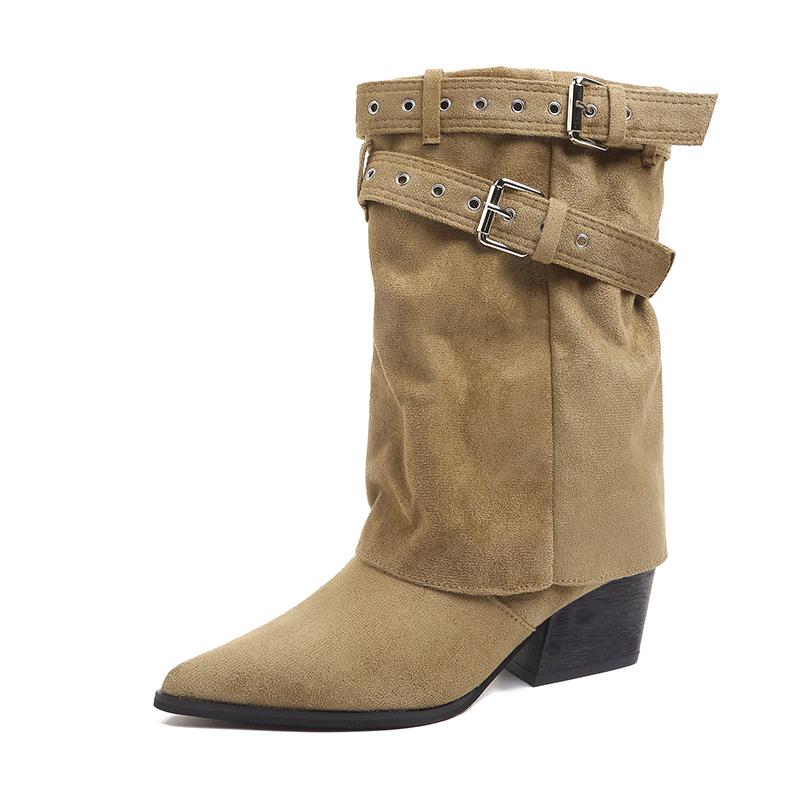Autumn Mid-Cone Boots Fashion Pointed Toe Sleeve Non-Slip Wear-Resistant Block Heel