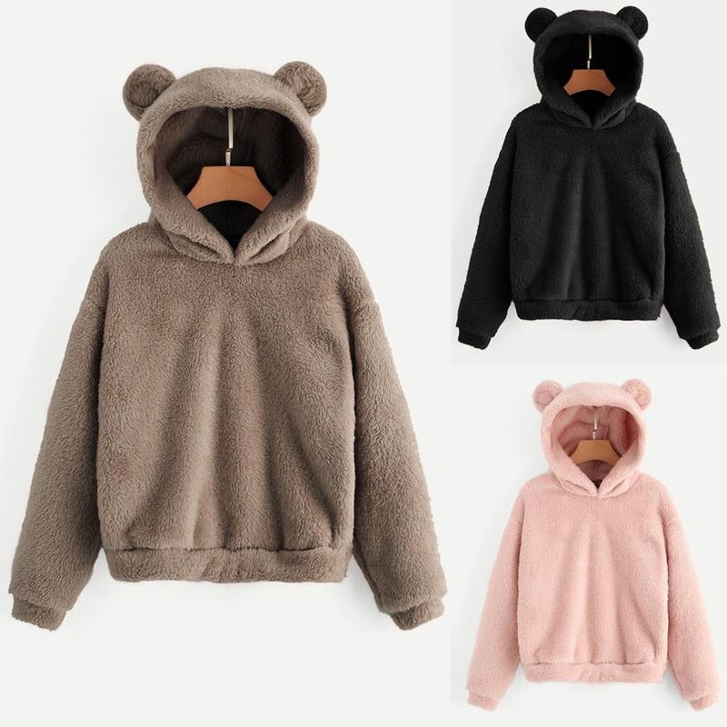Scione флисовые плюшевые толстовки для женщин, толстовка с длинным рукавом, теплая плюшевая толстовка с капюшоном и ушками медведя