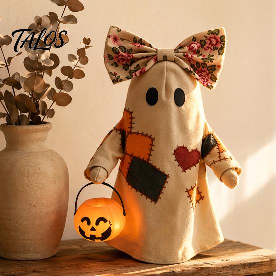Soft Illuminated Ghost Statue Lighted Vintage Patchwork Ghost, Halloween Light Up Quilted Doll with Pumpkin Fabric Ornament Lantern, Rustic Farmhouse