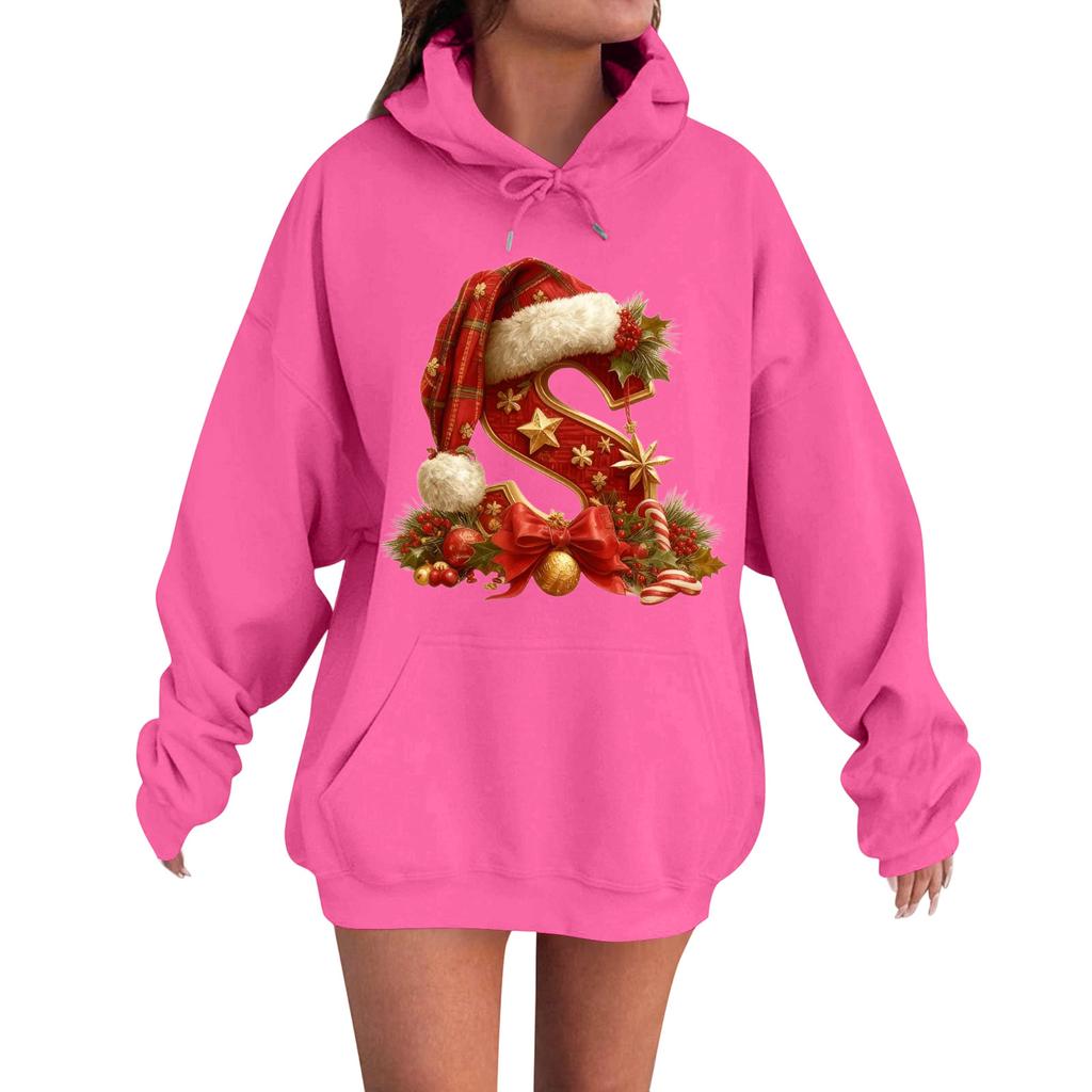 Women's Casual Comfortable Long-Sleeved Christmas Letter-Printed Warm Hooded Crew-Neck Sweatshirt