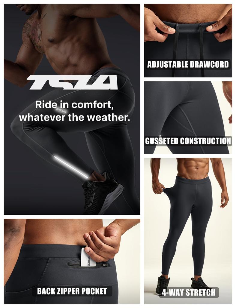 Tesla Men's Running Tights, Warm, Stretchy, Cycling Compression Wear, Fleece Material, Ankle Zippers, Back Pocket, Autumn/Winter, YUL80-CHC_3XL