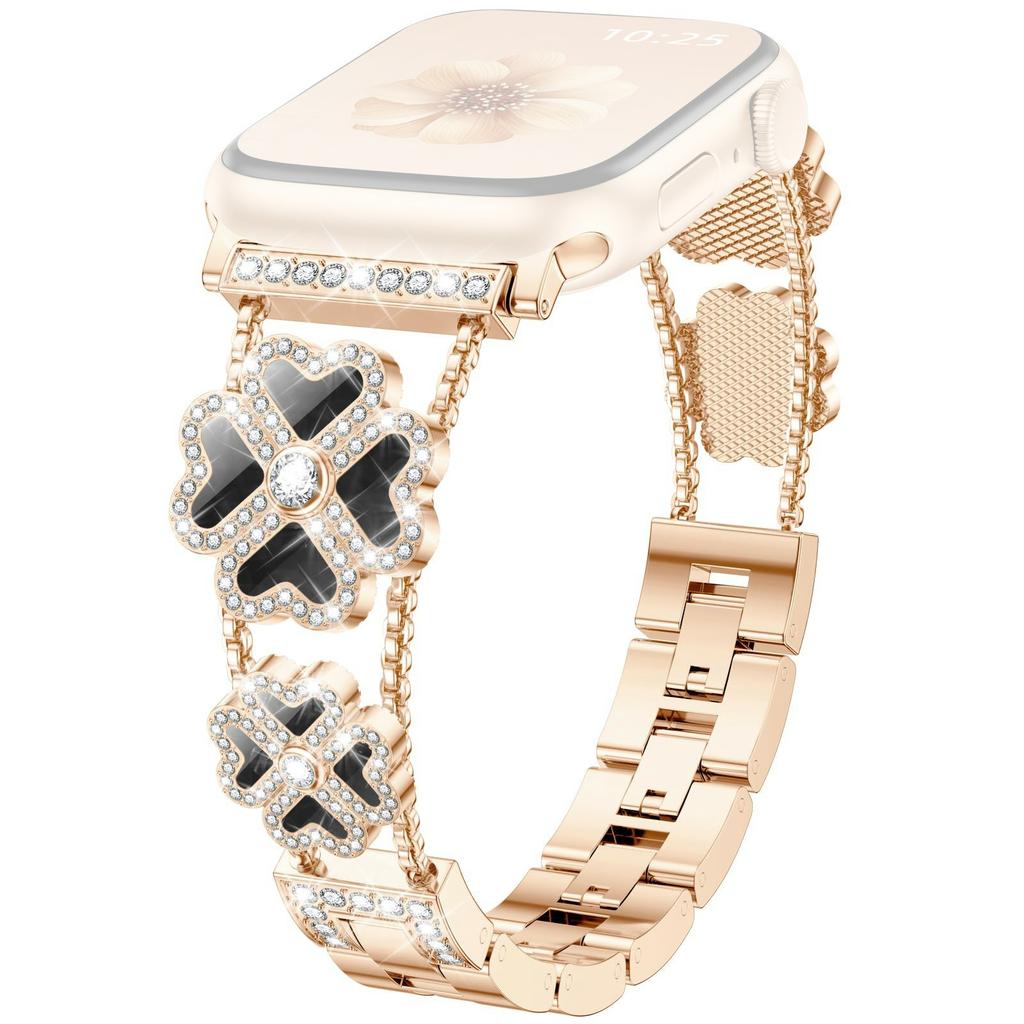 Metal Strap for Apple Watch Series 10 9 8 7 SE 6 5 4 3 2 1 42mm 41mm 40mm 38mm Heart Clover Rhinestone Decor Watch Band