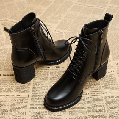 Модная винтажная черная шнуровка Ботинки Женская мода Дизайн с боковой молнией Массивный каблук Женские ботинки Удобный круглый носок Zapatos De Mujer