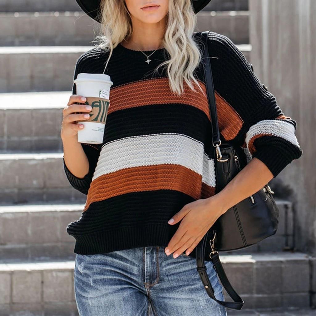 Женский повседневный свободный вязаный пуловер в полоску с длинными рукавами и цветными блоками