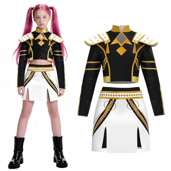 Kids Girls Demon Costume Stand Collar Coat T-shirt Shorts Set Children Printed Design Cosplay Performances Costumes
