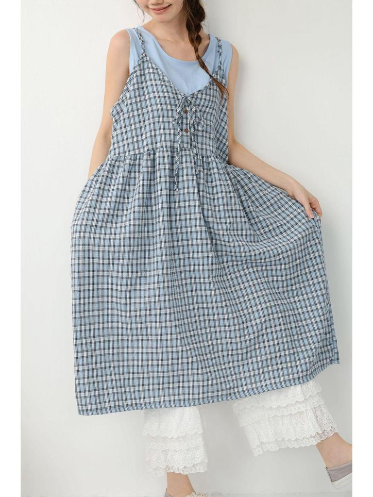2026 Spring/Summer Mori Girl Lace-up Plaid Maxi Dress - Versatile Layered Camisole Skirt