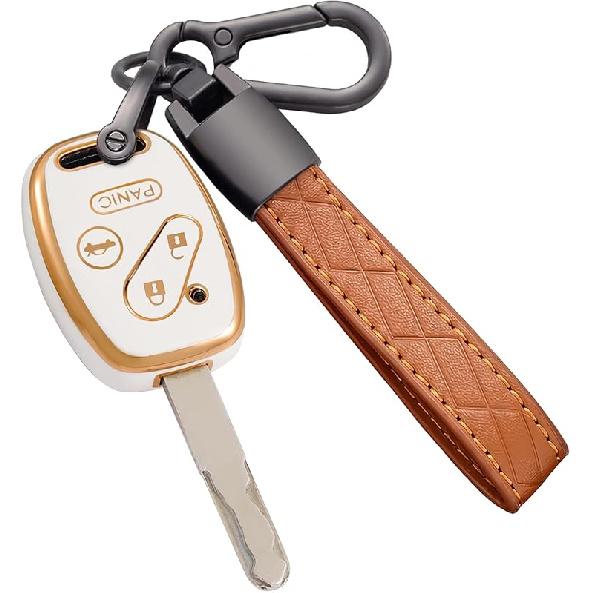 Key Fob Cover For Honda With Leather Keychain, Premium TPU Key Case Compatible With 2003-2015 Honda Accord Crosstour Civic EX CR-V Pilot Element