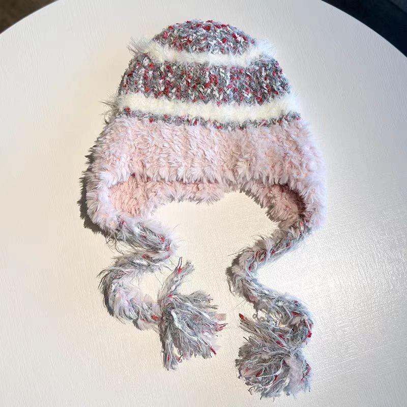 Autumn and Winter Striped Splicing Wool Hat Women's Velvet Thickened Warm Ear Protection Big Head Circumference Lei Feng Knitted Hat