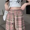 Pink Plaid Wide-Leg Pants for Petite Pear-Shaped Women - Slim Fit, Loose Straight-Leg, Floor-Length for Spring/Autumn