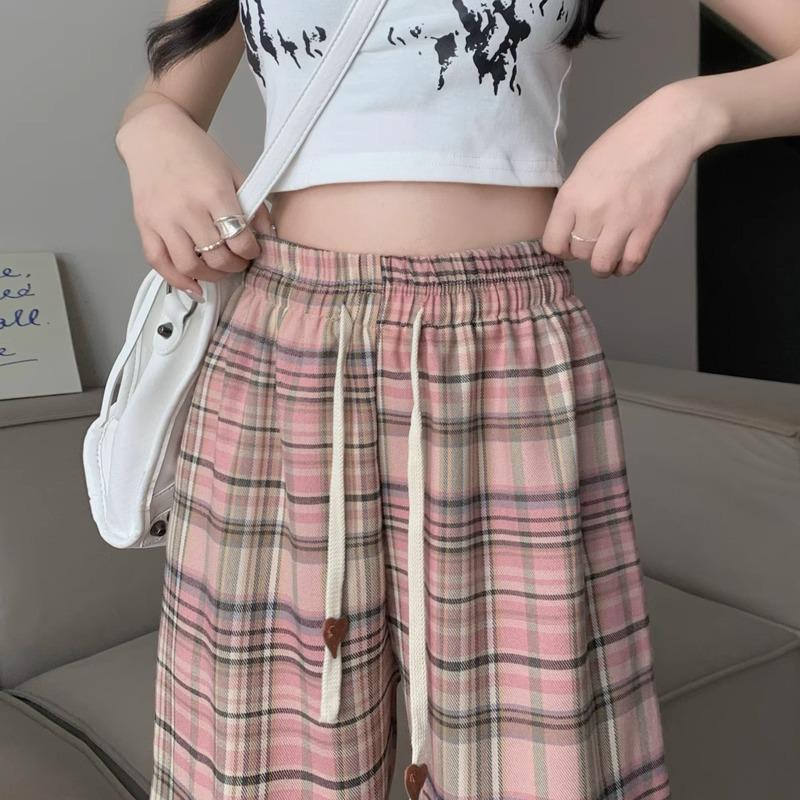 Pink Plaid Wide-Leg Pants for Petite Pear-Shaped Women - Slim Fit, Loose Straight-Leg, Floor-Length for Spring/Autumn