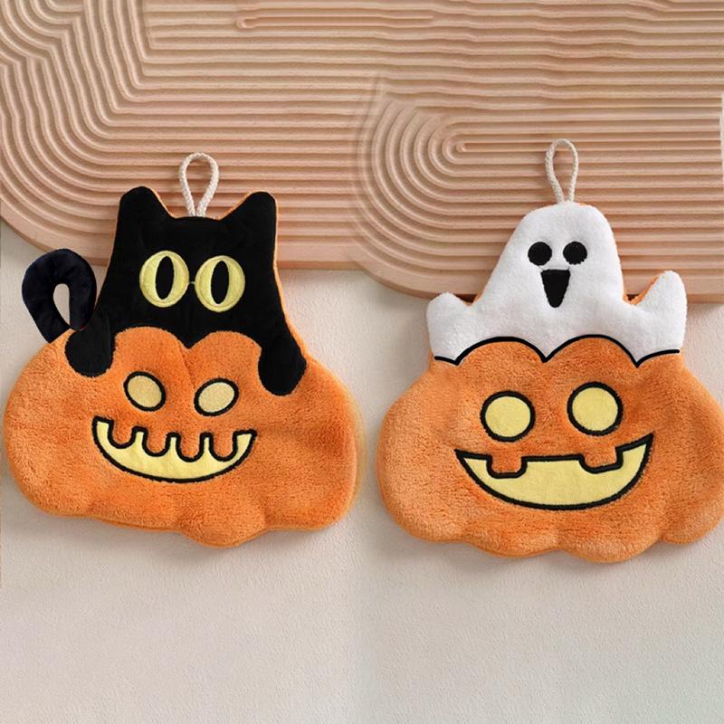 Cute Halloween Pumpkin Coral Velvet Kids Hand Towels Water-absorbing Quick-dry Towels Hanging for Kitchen Bathroom Holiday Gift