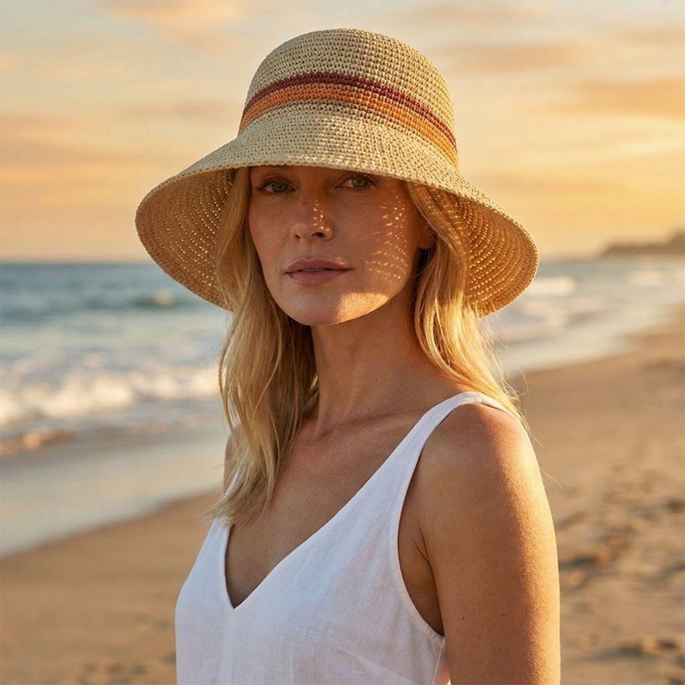 Flat Brim Wide Brim Bucket Hat Contrast Stripes Sun Hat New Hollow Straw Cap Beach Vacation