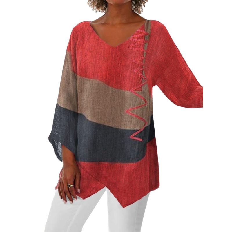 VEZFAA Женская Модная Повседневная Летняя Весенняя Блузки и Рубашки с Принтом Color Block и Рукавами 3/4 с V-образным Вырезом