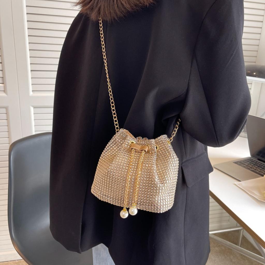 Bucket Bag Korean Version Western Style Chain Shoulder Crossbody, Armpit Water Drill Drawstring Bag