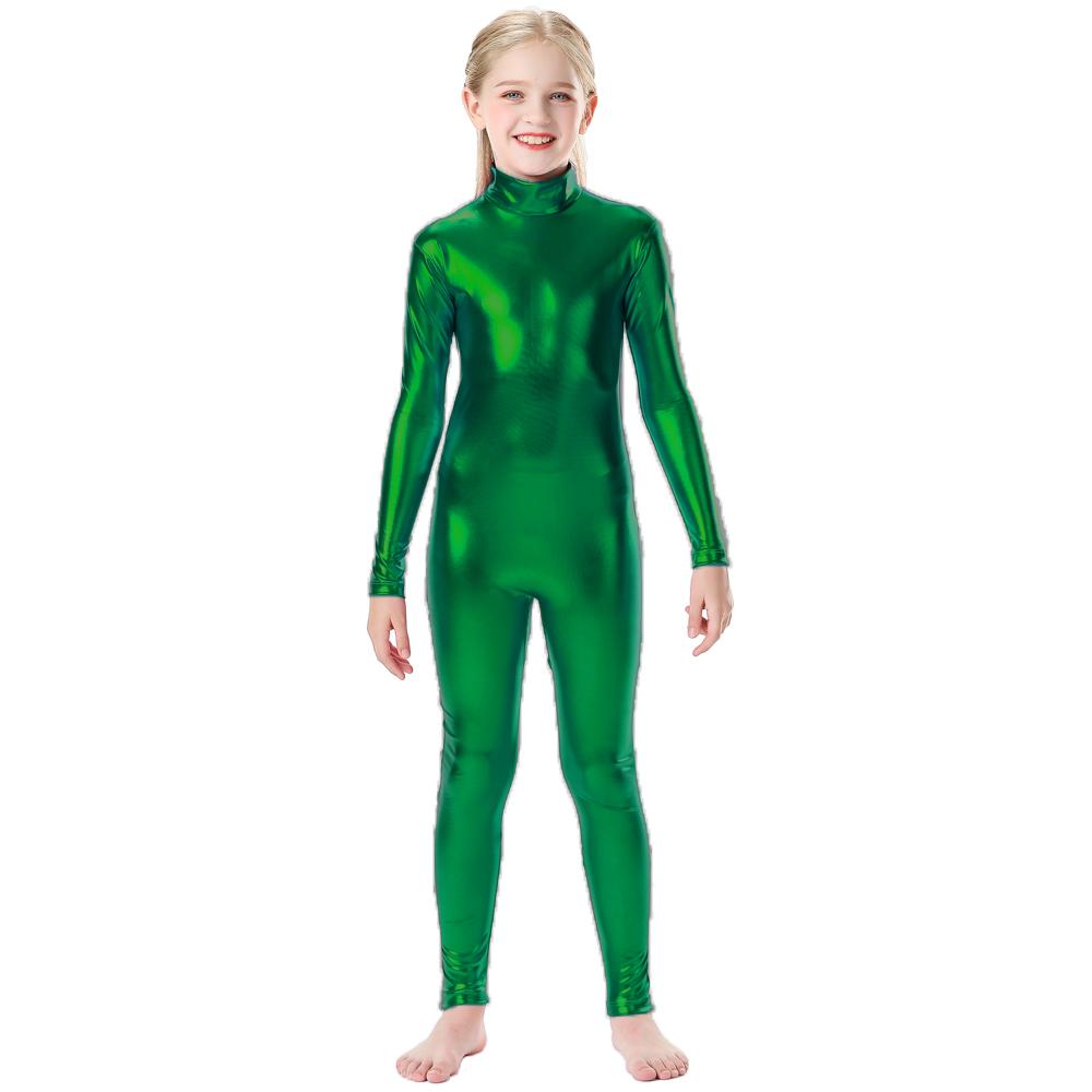 Блестящий металлический комбинезон с воротником-стойкой на молнии сзади, цельный комбинезон с длинными рукавами, детский костюм Wetlook