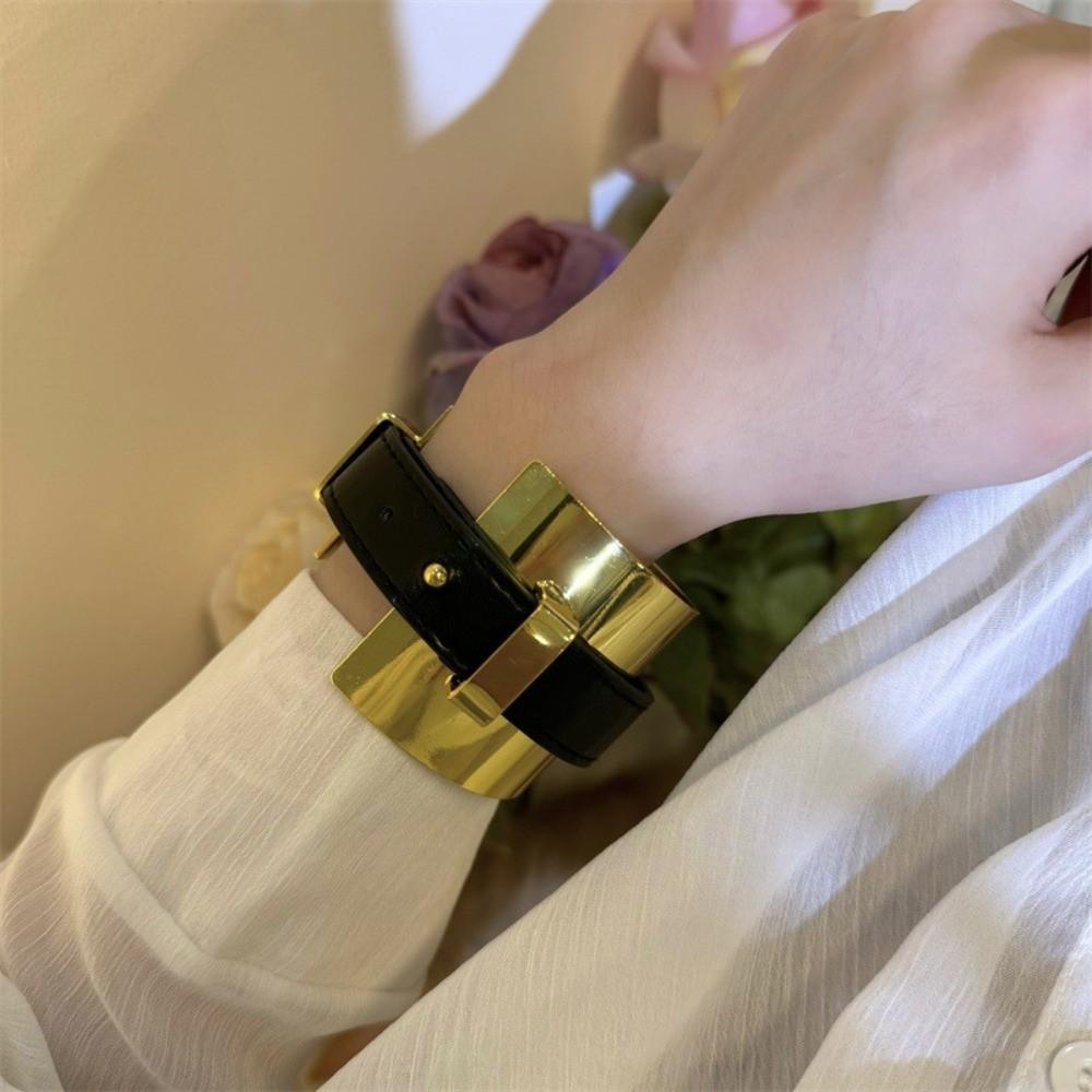 Golden Exaggerated Metal Bangle Armlet Women Open Bangle Belt Buckle Leather Bracelet  Party