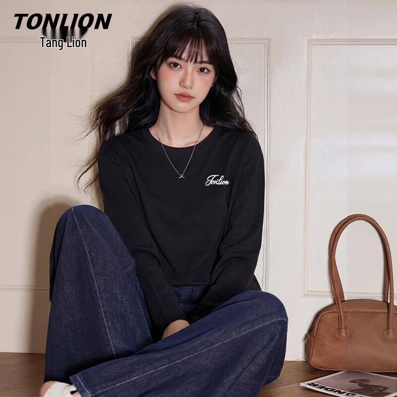 Женская хлопковая футболка TonLion с длинным рукавом и круглым вырезом