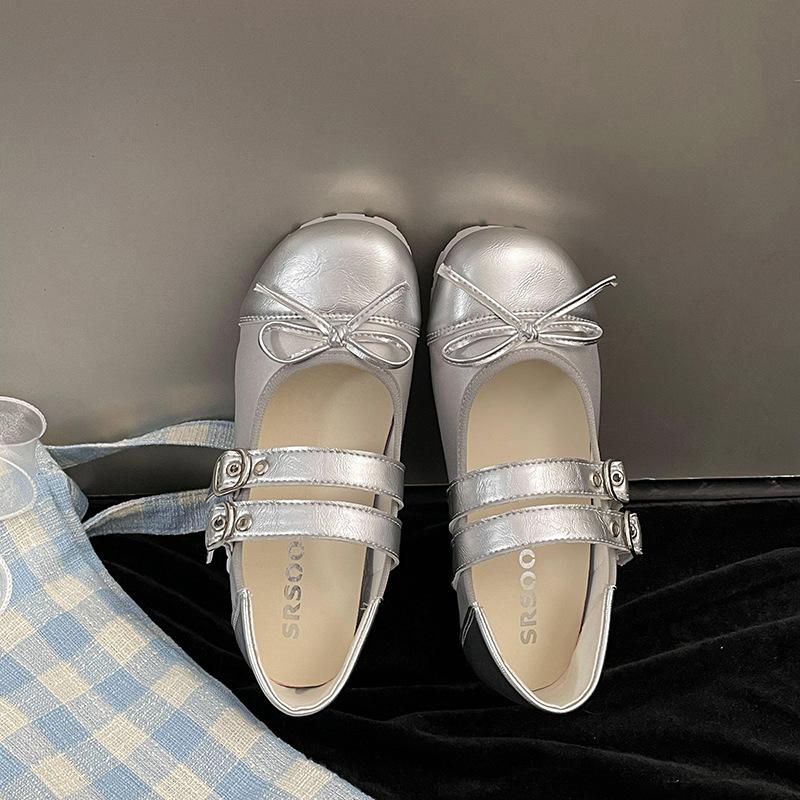 Серебристые ретро французские туфли с круглой головкой и легким язычком на плоской подошве женские балетки Мэри Джейн на мягкой подошве, новинка 2025 года