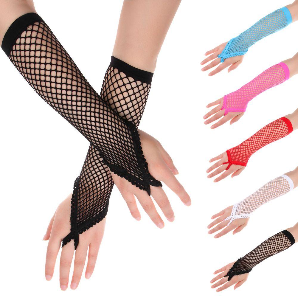 Women Net Breathable Solid Lace Mittens Fingeless Gloves Long Gloves Mesh Fishnet Gloves