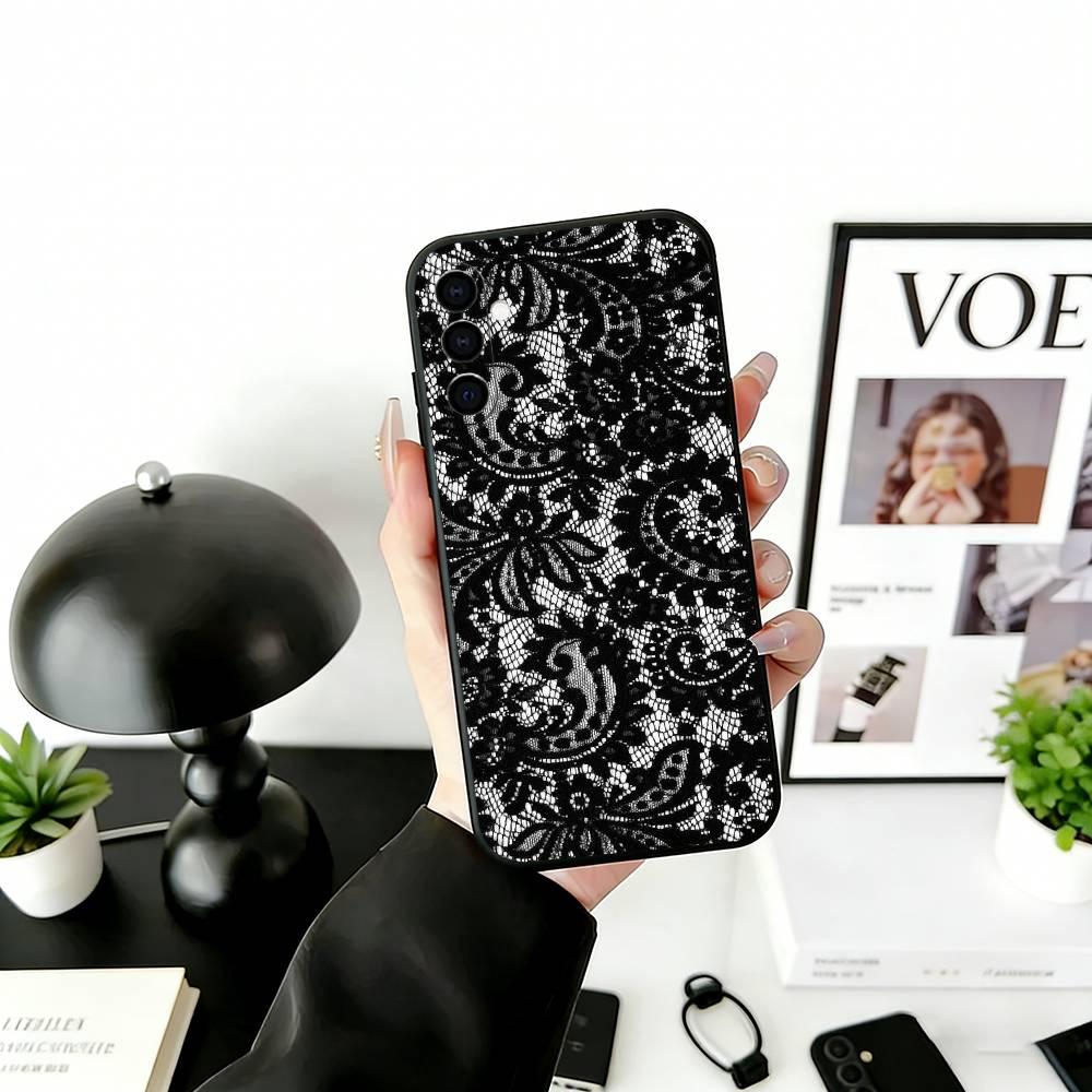 Черный кружевной принт Чехол для телефона Для Samsung Galaxy A73,A72,A71,A70,A53,A52,A51,Другие Мягкий черный чехол