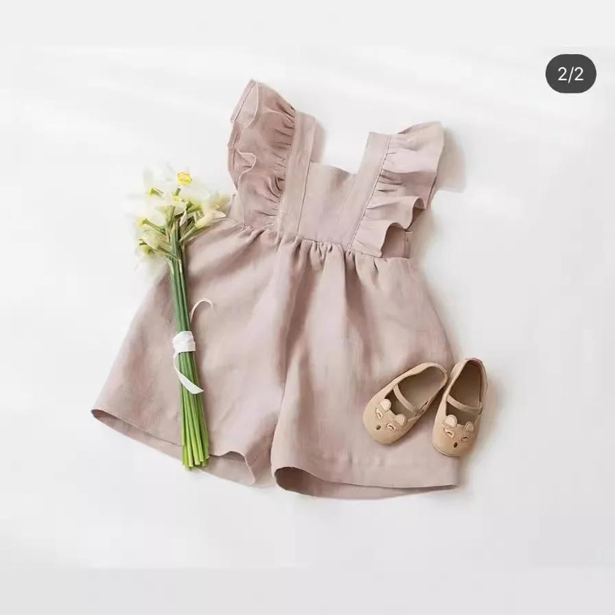 Fashion Baby Girl Linen Cotton Ruffled Jumpsuit Summer Infant Toddler Child Strap Romper Outfit Solid Color Baby Clothes 0-3Y